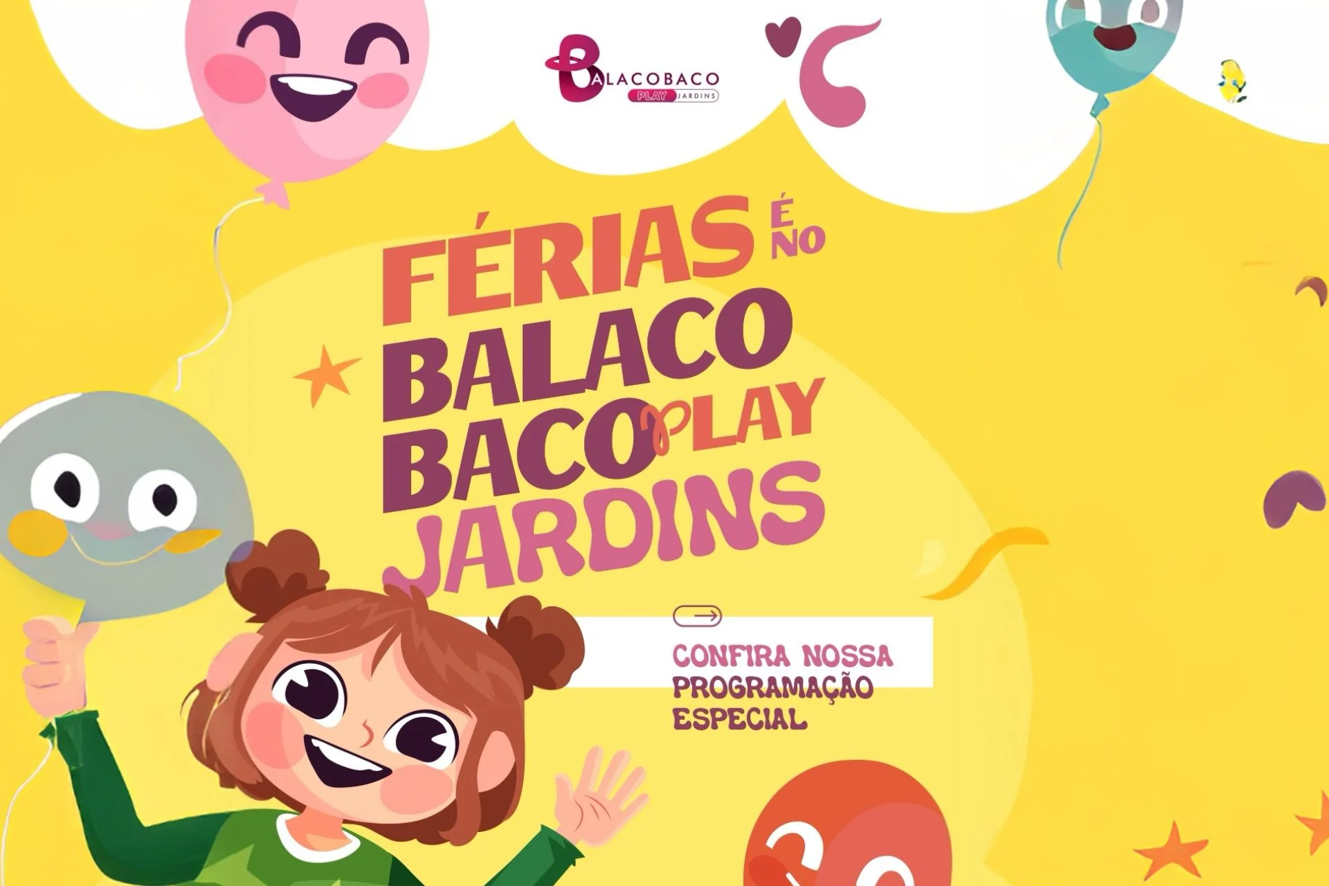 Card amarelo e colorido do Balacobaco Play Jardins anuncia férias com programação especial: oficinas, pinturas, atividades sensoriais e recreação entre novembro e janeiro, ilustrado com crianças sorrindo, balões e elementos lúdicos.