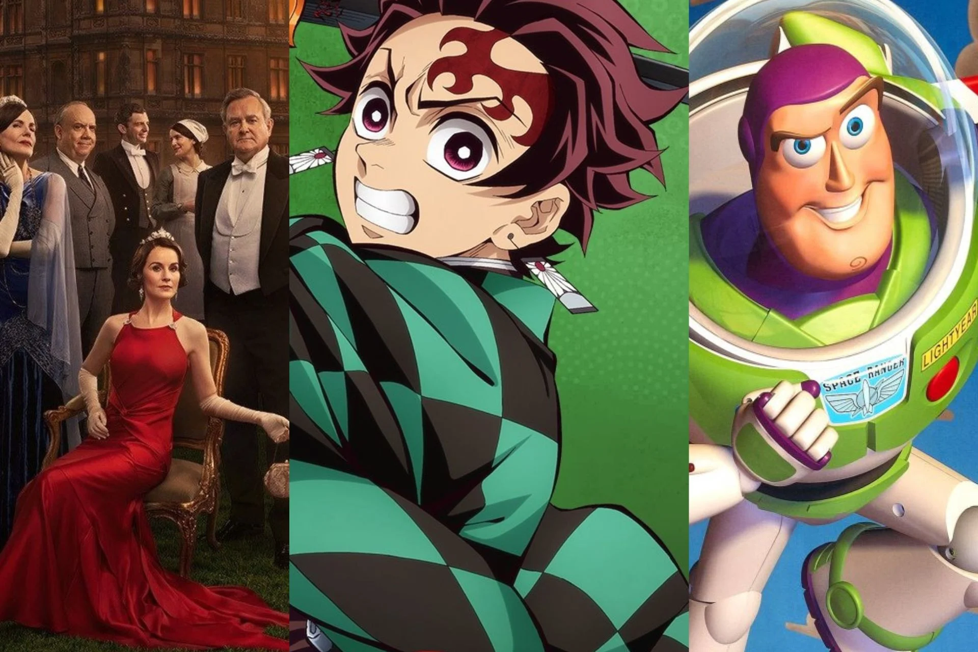 Imagem com cartazes dos filmes Downton Abbey, Demon Slayer e Toy Story.