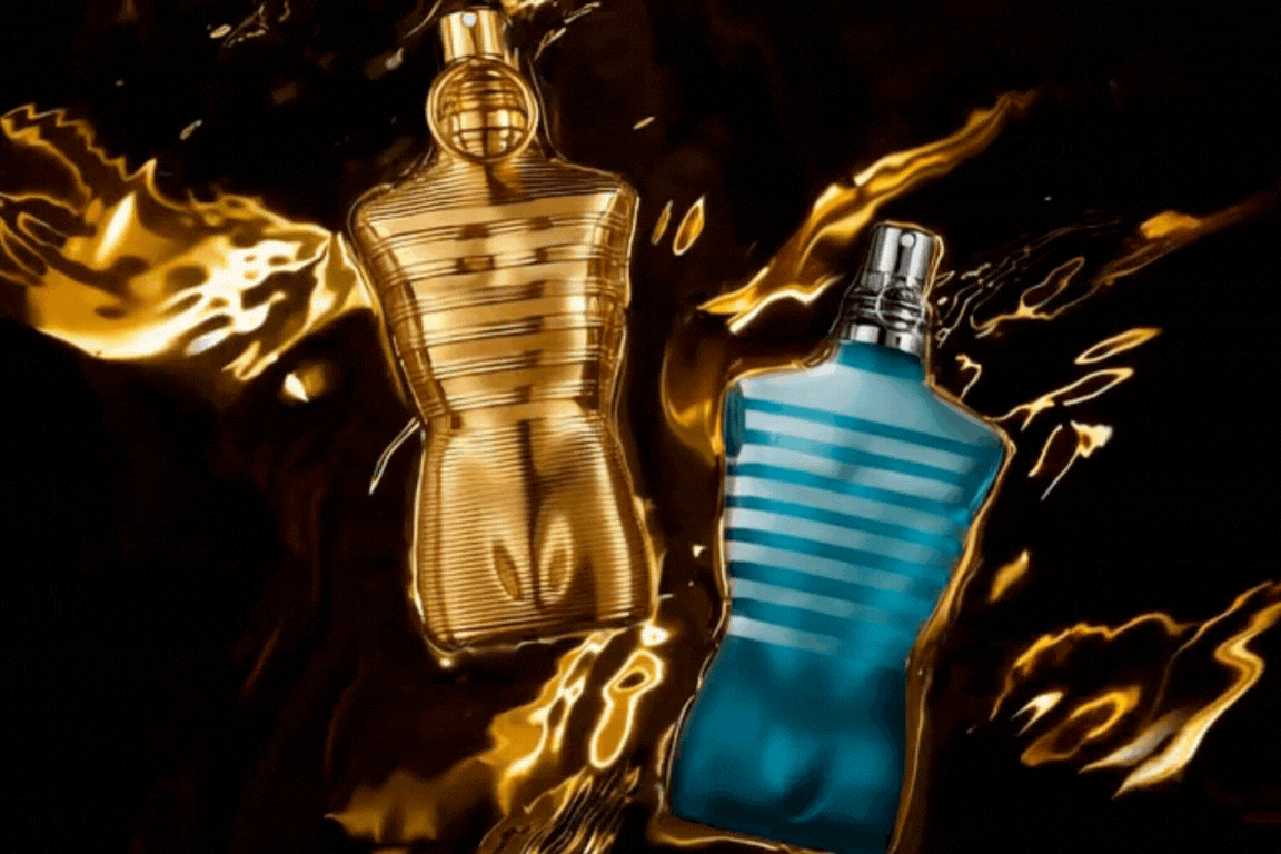 Frasco de perfumes que imitam o torso masculino. Um é dourado e o outro é azul. Ao fundo tem uma animação de ouro líquido que cai por trás dos frascos. Frasco de perfumes que imitam o torso masculino. Um é dourado e o outro é azul. Ao fundo tem uma animação de ouro líquido que cai por trás dos frascos.