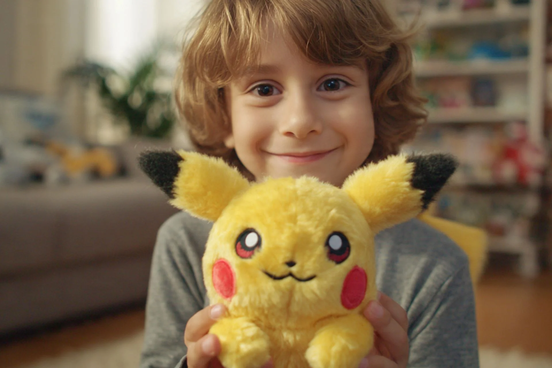 Menino de cabelos cacheados e sorrindo segura uma pelúcia do pokémon Pikachu. Ao fundo vemos a sala de sua casa desfocada.