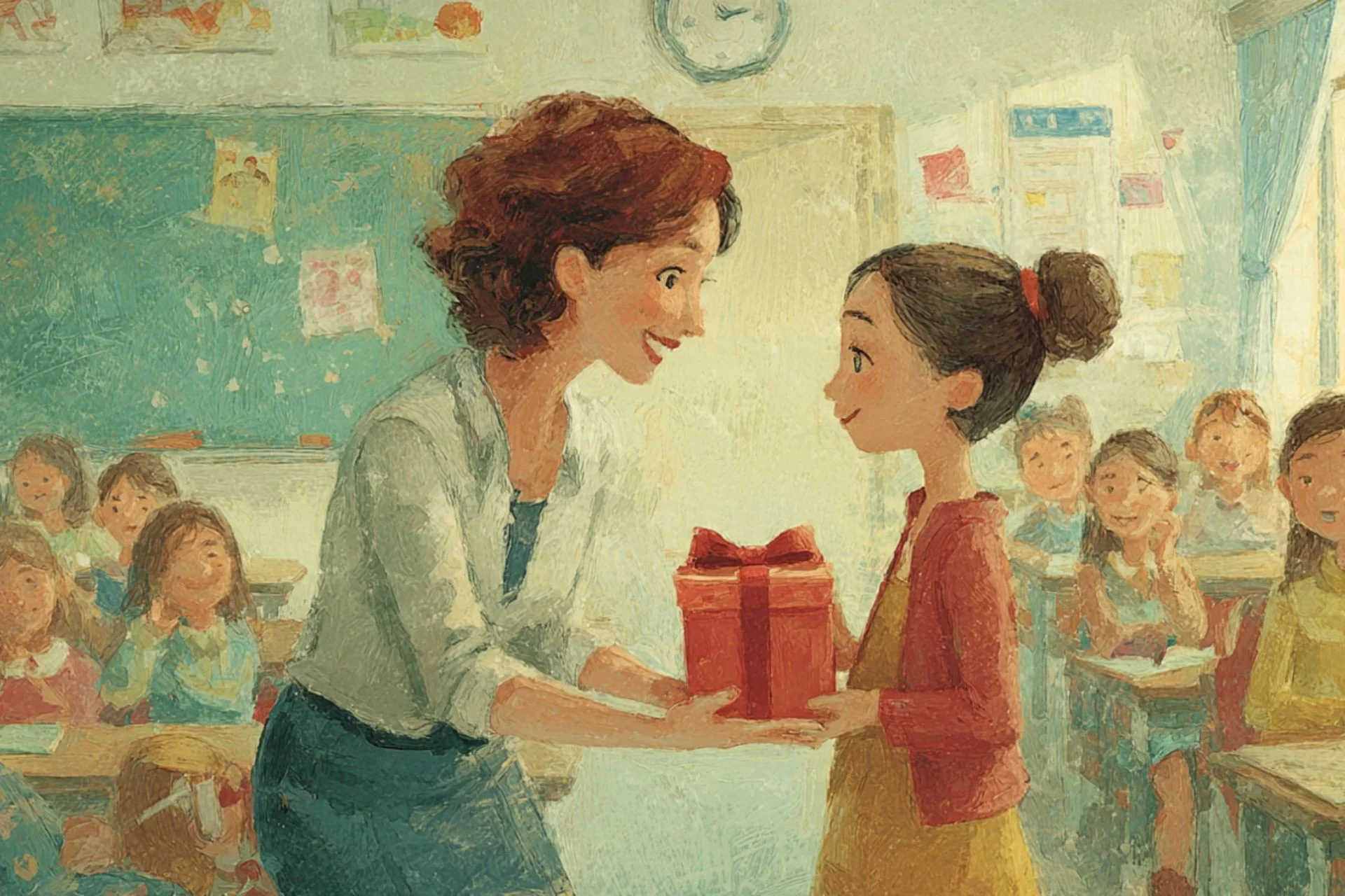 Desenho em que uma aluna criança entrega um presente para a professora em sala de aula. Ao fundo vê-se a sala de aula e outras crianças.