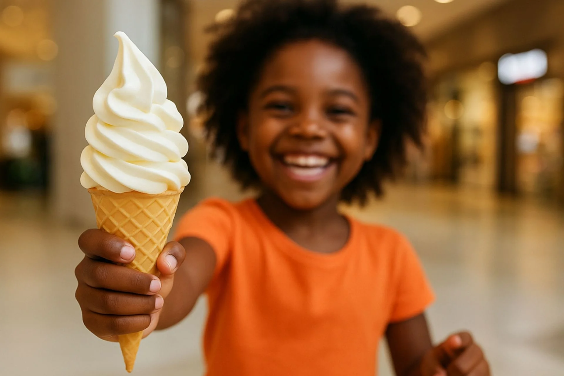 Criança sorridente segura uma casquinha de sorvete.