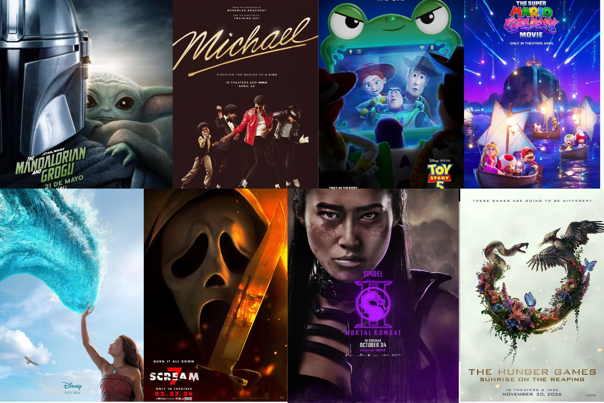 Montagem com oito pôsteres de lançamentos de cinema e TV em 2026, dispostos em duas linhas. Inclui produções de Star Wars com Mandaloriano e Grogu, filme biográfico "Michael", animações como Toy Story 5, aventura de Mario, longa Disney com grande onda azul, terror, Mortal Kombat e novo Jogos Vorazes.