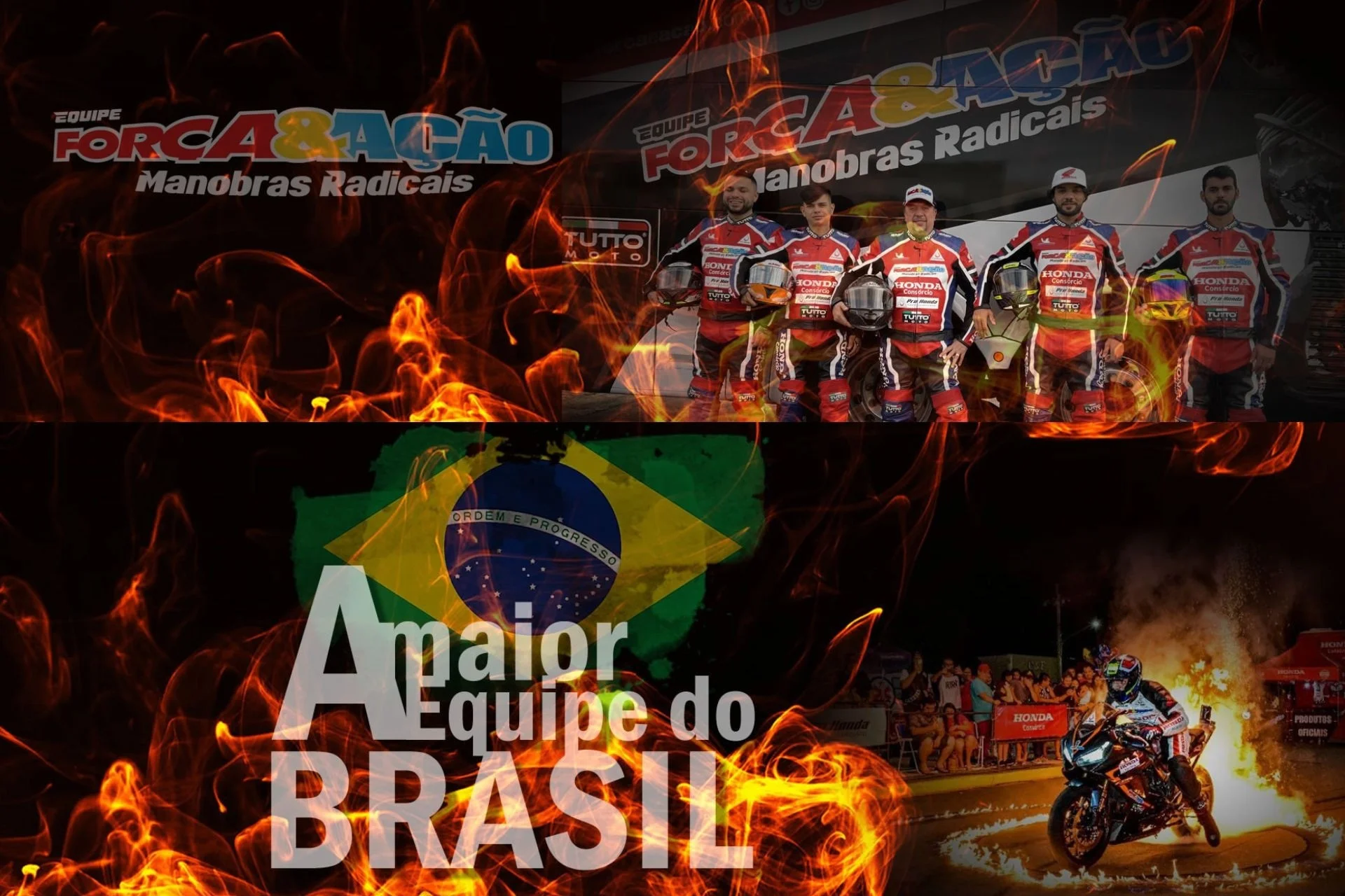 Membros homens da equipe Força e Ação com roupas de motociclistas, segurando capacetes. Vemos uma grafismo de fogo compondo a imagem.Ao fundo vemos fogos de artifício e a bandeira do Brasil com o texto 'Show de Manobras'. Membros homens da equipe Força e Ação com roupas de motociclistas, segurando capacetes. Vemos uma grafismo de fogo compondo a imagem.Ao fundo vemos fogos de artifício e a bandeira do Brasil com o texto 'Show de Manobras'.