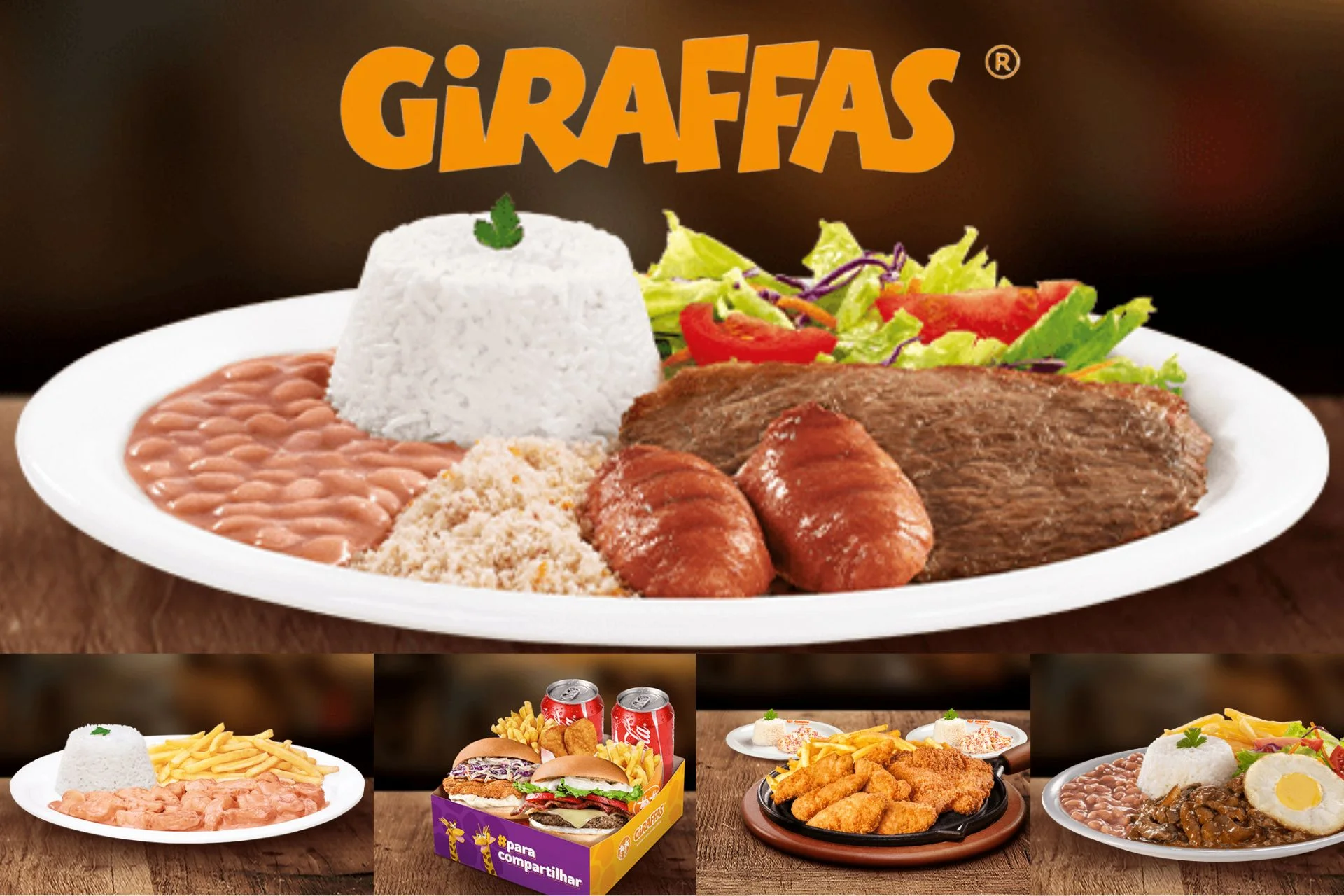 Prato principal Giraffas com arroz branco, feijão, linguiças grelhadas, filé mignon fatiado e salada verde. Abaixo: hambúrguer no box roxo, fritas, refri lata, nuggets, pratos com frango e ovos cozidos. Logo laranja "GIRAFFAS®" destaca a marca.