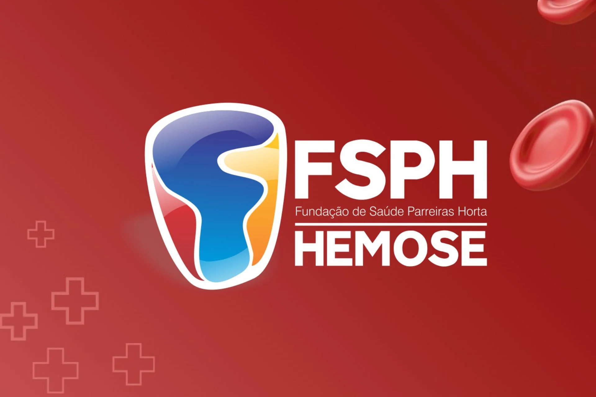 Marca do Hemose e da Fundação de Saúde Parreiras Horta em um fundo vermelho com hemácias vermelhas.
