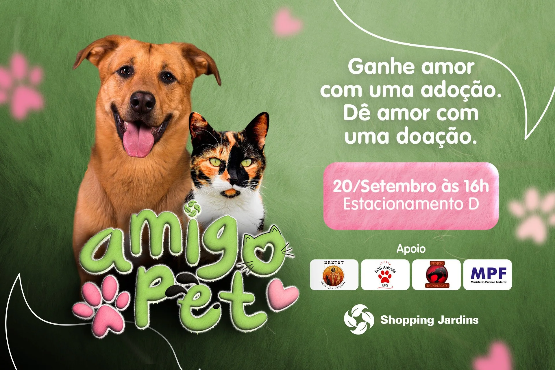 Imagem com um cachorro e um gato e o texto 'Adoção Pet' com a data 20/09, às 16 horas, estacionamento D.