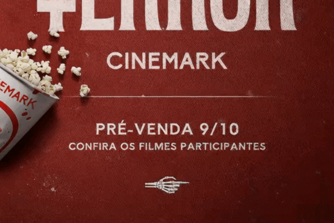 Imagem com arte da temporada de terror cinemark com pipocas meladas de sangue