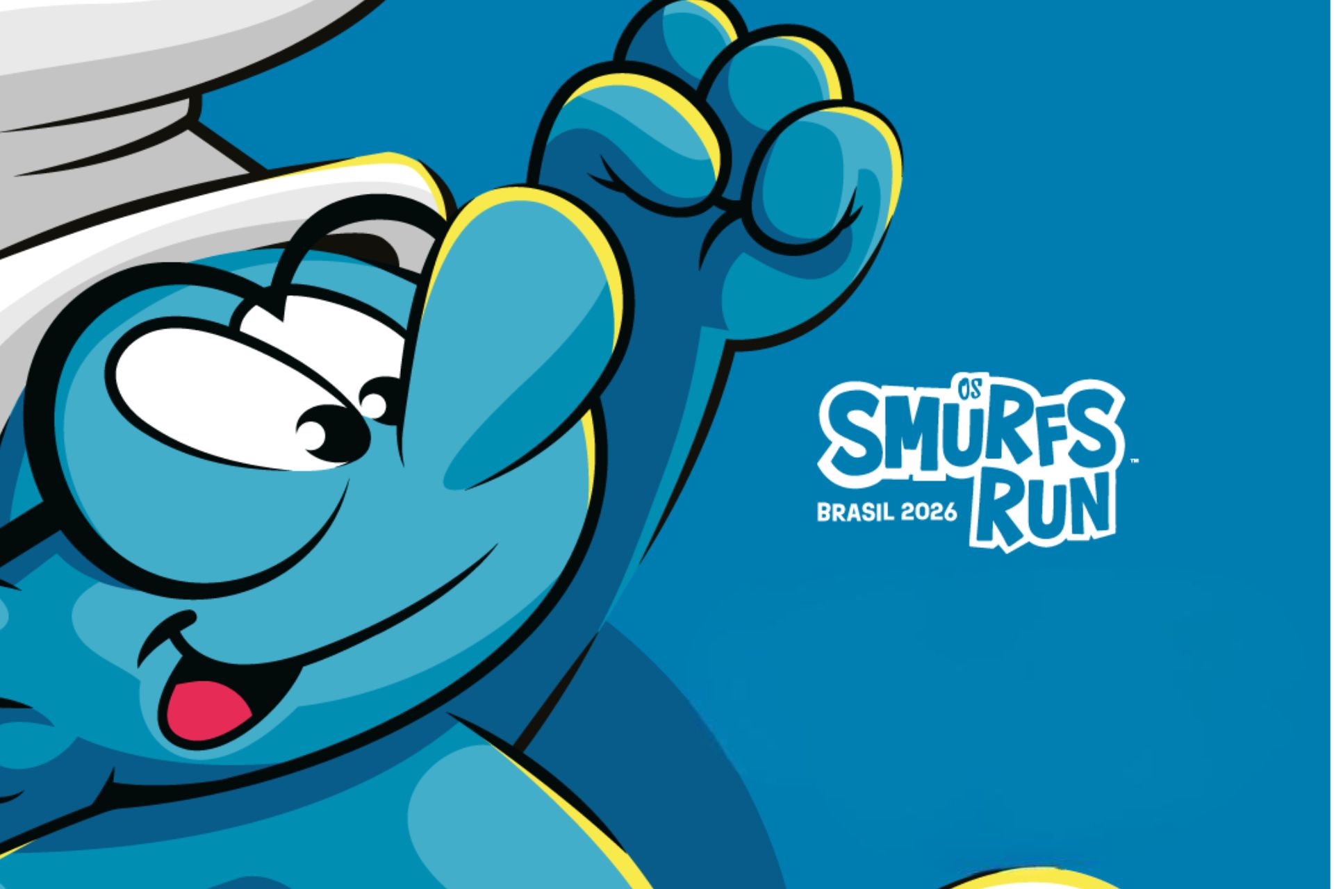 Imagem dos smurfs em tons de azul e o texto Smurfs Run 2026