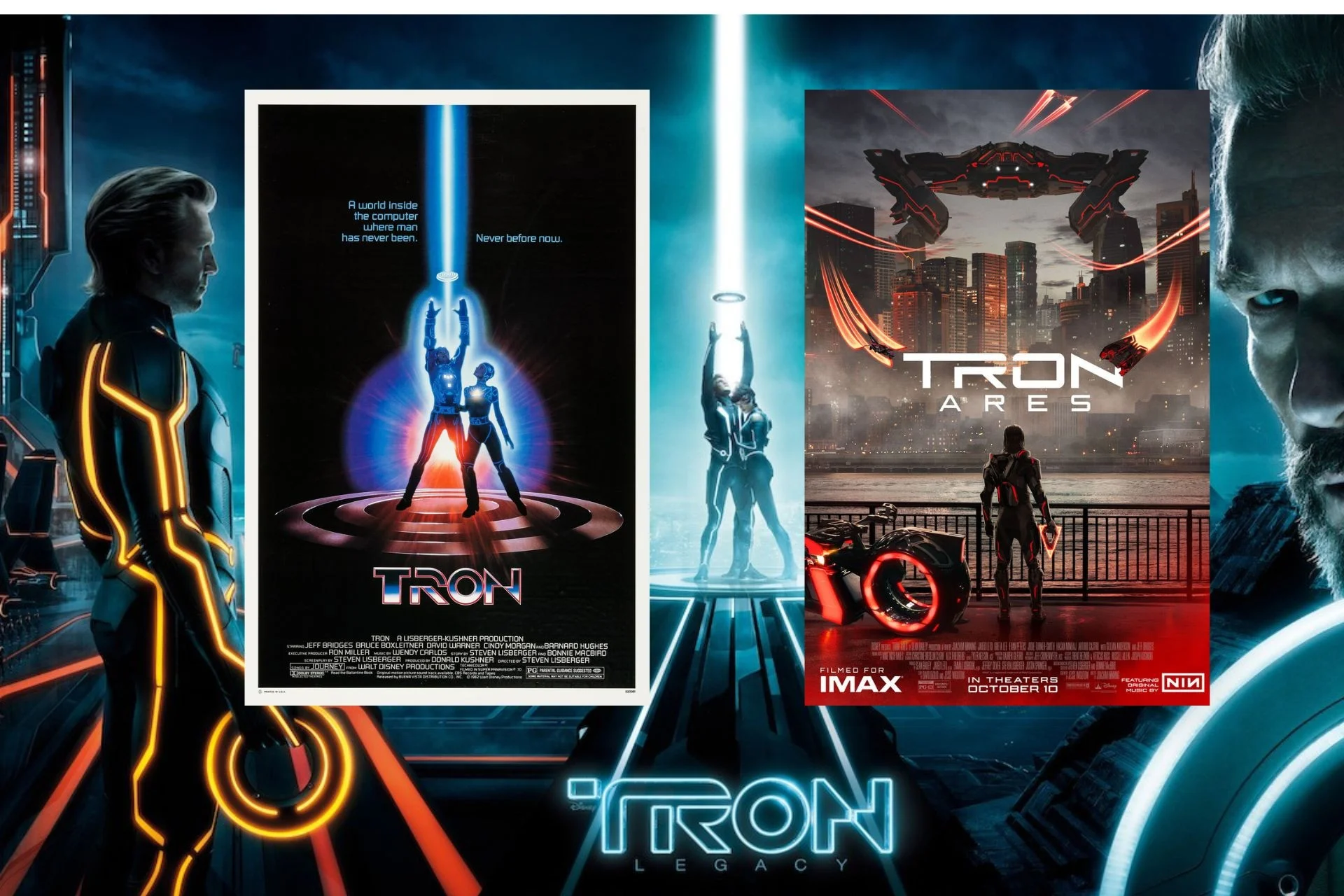 Imagens do filme TRON em visual futurístico, com um homem à esquerda e o perfil de outro homem à direita.